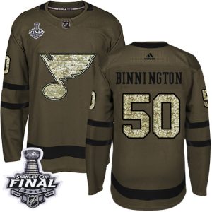 Sleek Adidas Blues #50 Jordan Binnington Green Salute to Service 2019 Stanley Cup Final Stitched NHL Jersey to elevate your fan gear collection