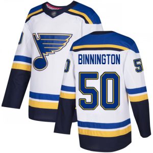 Top - notch Adidas Blues #50 Jordan Binnington White Road Authentic Stitched NHL Jersey for ultimate hockey enthusiasts