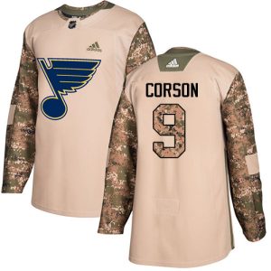 Stunning Adidas Blues #9 Shayne Corson Camo Authentic 2017 Veterans Day Stitched NHL Jersey perfect for game days