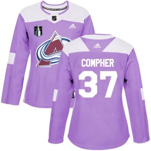 Alluring Adidas Avalanche #37 J.T. Compher Purple Women's 2022 Stanley Cup Final Patch Authentic Fights Cancer Stitched NHL Jersey for die   hard Blackhawks fans