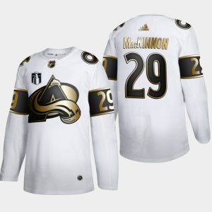 Alluring Colorado Avalanche #29 Nathan MacKinnon Men's 2022 Stanley Cup Final Patch Adidas White Golden Edition Limited Stitched NHL Jersey to add to your hockey memorabilia collection