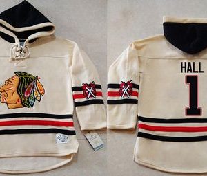 Premium Blackhawks #1 Glenn Hall Cream Heavyweight Pullover Hoodie Stitched NHL Jersey a must - have for collectors