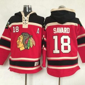 Premium Blackhawks #18 Denis Savard Red Sawyer Hooded Sweatshirt Stitched NHL Jersey to elevate your fan gear collection