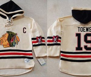 Premium Blackhawks #19 Jonathan Toews Cream Heavyweight Pullover Hoodie Stitched NHL Jersey to elevate your fan gear collection