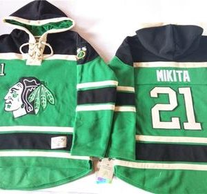 Chic Blackhawks #21 Stan Mikita Green St. Patrick's Day McNary Lace Hoodie Stitched NHL Jersey to show your team spirit