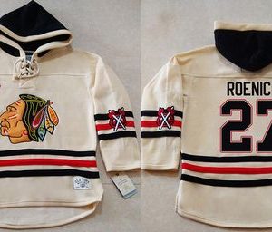 Chic Blackhawks #27 Jeremy Roenick Cream Heavyweight Pullover Hoodie Stitched NHL Jersey perfect for game days