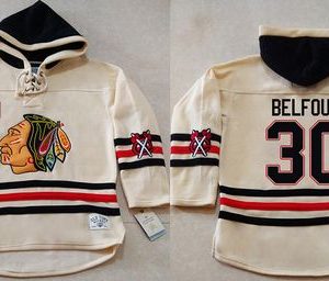 Amazing Blackhawks #30 ED Belfour Cream Heavyweight Pullover Hoodie Stitched NHL Jersey to show your team spirit