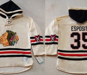 Chic Blackhawks #35 Tony Esposito Cream Heavyweight Pullover Hoodie Stitched NHL Jersey perfect for game days
