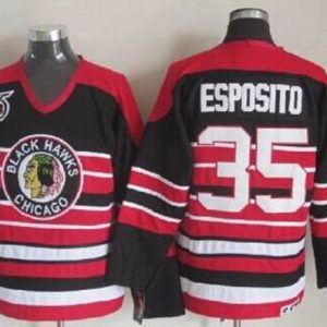 Chic Blackhawks #35 Tony Esposito Red/Black 75TH CCM Stitched NHL Jersey to stand out at the stadium