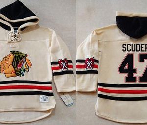 Sleek Blackhawks #47 Rob Scuderi Cream Heavyweight Pullover Hoodie Stitched NHL Jersey to show your team spirit