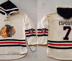 Stunning Blackhawks #7 Tony Esposito Cream Heavyweight Pullover Hoodie Stitched NHL Jersey for ultimate hockey enthusiasts