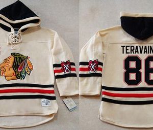 Fantastic Blackhawks #86 Teuvo Teravainen Cream Heavyweight Pullover Hoodie Stitched NHL Jersey perfect for game days
