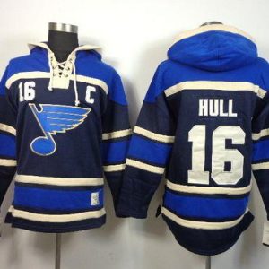 Fantastic Blues #16 Brett Hull Navy Blue Sawyer Hooded Sweatshirt Stitched NHL Jersey to show your team spirit