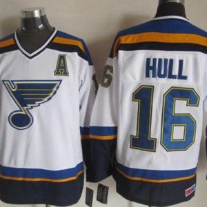 Chic Blues #16 Brett Hull White/Navy CCM Throwback Stitched NHL Jersey perfect for game days
