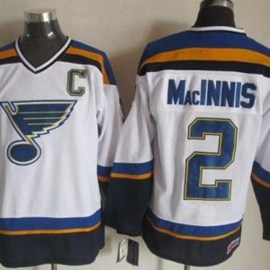 Premium Blues #2 Al MacInnis White/Navy CCM Throwback Stitched NHL Jersey to elevate your fan gear collection