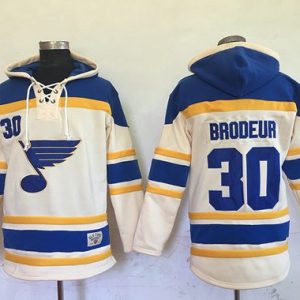 Stylish Blues #30 Martin Brodeur Cream Sawyer Hooded Sweatshirt Stitched NHL Jersey for ultimate hockey enthusiasts