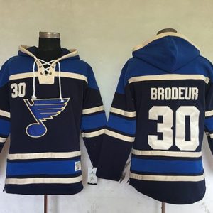 Amazing Blues #30 Martin Brodeur Navy Blue Sawyer Hooded Sweatshirt Stitched NHL Jersey for die - hard fans