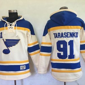 Gorgeous Blues #91 Vladimir Tarasenko Cream Sawyer Hooded Sweatshirt Stitched NHL Jersey to show your team spirit