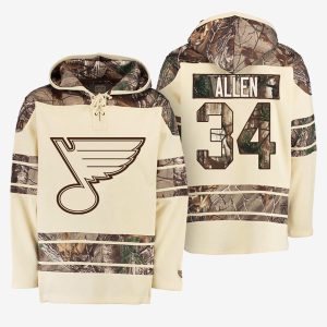 Chic Blues #34 Jake Allen Cream Camo NHL Hoodie for an exciting hockey game