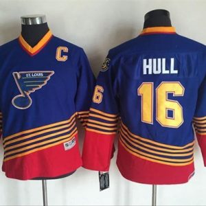 Elegant Blues #16 Brett Hull Light Blue/Red CCM Throwback Stitched Youth NHL Jersey for true hockey enthusiasts