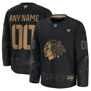 Elegant Chicago Blackhawks 2024 Military Appreciation Personalized Long Sleeve Practice Jersey   Black for a valuable hockey collectible
