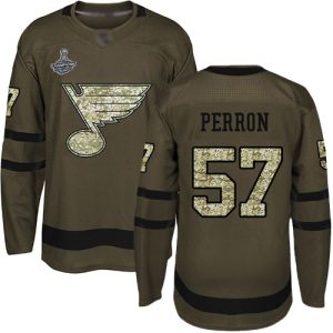 Fabulous Adidas Blues #57 David Perron Green Salute to Service Stanley Cup Champions Stitched Youth NHL Jersey for a valuable hockey collectible