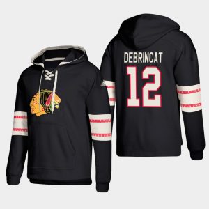 Fabulous Chicago Blackhawks #12 Alex DeBrincat Black adidas Lace Up Pullover Hoodie to add to your hockey memorabilia collection