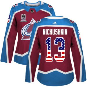 Gorgeous Adidas Avalanche #13 Valeri Nichushkin Burgundy Women's 2022 Stanley Cup Champions Home Authentic USA Flag Stitched NHL Jersey to add to your hockey memorabilia collection