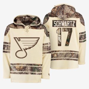 Gorgeous Blues #17 Jaden Schwartz Cream Camo NHL Hoodie to add to your hockey memorabilia collection