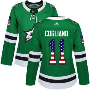 Impressive Adidas Stars #11 Andrew Cogliano Green Home Authentic USA Flag Women's Stitched NHL Jersey to add to your hockey memorabilia collection