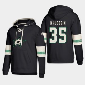 Impressive Dallas Stars #35 Anton Khudobin Black adidas Lace Up Pullover Hoodie for top   notch game   day wear