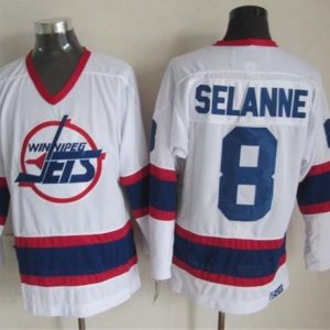 Top - notch Jets #8 Teemu Selanne White CCM Throwback Stitched NHL Jersey to show your team spirit