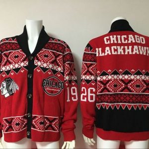 Fantastic Men's Chicago Blackhawks Red Ugly Sweater Cardigan perfect for game days