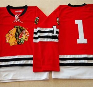 Premium Mitchell And Ness 1960 61 Blackhawks #1 Glenn Hall Red Stitched NHL Jersey to show your team spirit