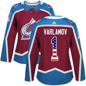 Stunning Adidas Avalanche #1 Semyon Varlamov Burgundy Home Authentic USA Flag Women's Stitched NHL Jersey to show your team love