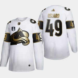 Stunning Colorado Avalanche #49 Samuel Girard Men's 2022 Stanley Cup Final Patch Adidas White Golden Edition Limited Stitched NHL Jersey to stand out at the stadium