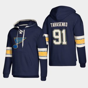 Stunning St. Louis Blues #91 Vladimir Tarasenko Blue adidas Lace Up Pullover Hoodie to add to your hockey memorabilia collection