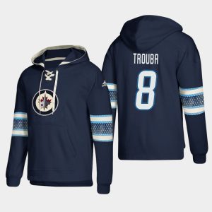 Stunning Winnipeg Jets #8 Jacob Trouba Blue adidas Lace Up Pullover Hoodie for a valuable hockey collectible