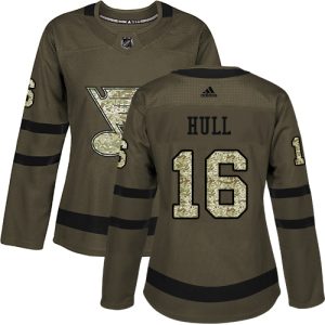 Superb Adidas Blues #16 Brett Hull Green Salute to Service Women's Stitched NHL Jersey for an exciting hockey game