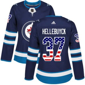 Superb Adidas Jets #37 Connor Hellebuyck Navy Blue Home Authentic USA Flag Women's Stitched NHL Jersey to show your team love