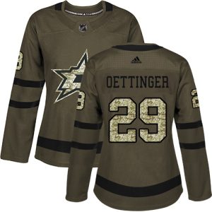 Superb Adidas Stars #29 Jake Oettinger Green Salute to Service Women's Stitched NHL Jersey for a valuable hockey collectible