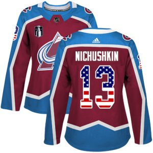 Trendy Adidas Avalanche #13 Valeri Nichushkin Burgundy Women's 2022 Stanley Cup Final Patch Home Authentic USA Flag Stitched NHL Jersey for an exciting hockey game