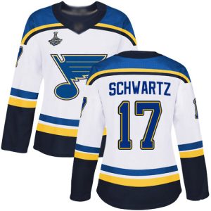 Trendy Adidas Blues #17 Jaden Schwartz White Road Authentic Stanley Cup Champions Women's Stitched NHL Jersey to stand out at the stadium