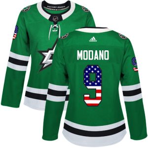 Trendy Adidas Stars #9 Mike Modano Green Home Authentic USA Flag Women's Stitched NHL Jersey to stand out at the stadium