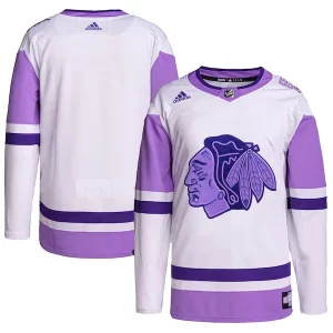 Trendy Chicago Blackhawks adidas Hockey Fights Cancer Primegreen Authentic Blank Practice Jersey   White/Purple for an exciting hockey game