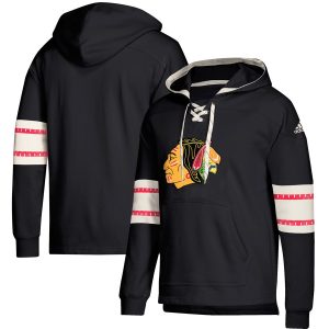 Trendy Chicago Blackhawks adidas Jersey Lace Up Pullover Hoodie Black for true hockey enthusiasts