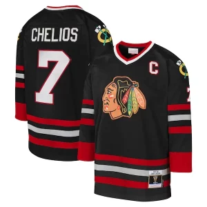 Trendy Chris Chelios Chicago Blackhawks Youth 1997 98 Blue Line Captain Patch Player Jersey   Black for an exciting hockey game