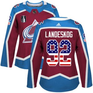 Unique Adidas Avalanche #92 Gabriel Landeskog Burgundy Women's 2022 Stanley Cup Final Patch Home Authentic USA Flag Stitched NHL Jersey for top   notch game   day wear