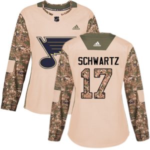 Unique Adidas Blues #17 Jaden Schwartz Camo Authentic 2017 Veterans Day Women's Stitched NHL Jersey for a valuable hockey collectible