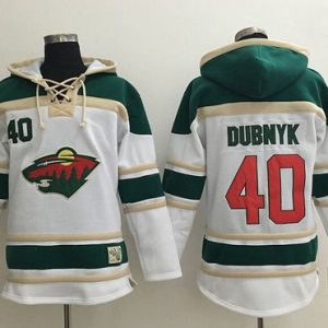 Top - notch Wild #40 Devan Dubnyk White Sawyer Hooded Sweatshirt Stitched NHL Jersey to show your team spirit